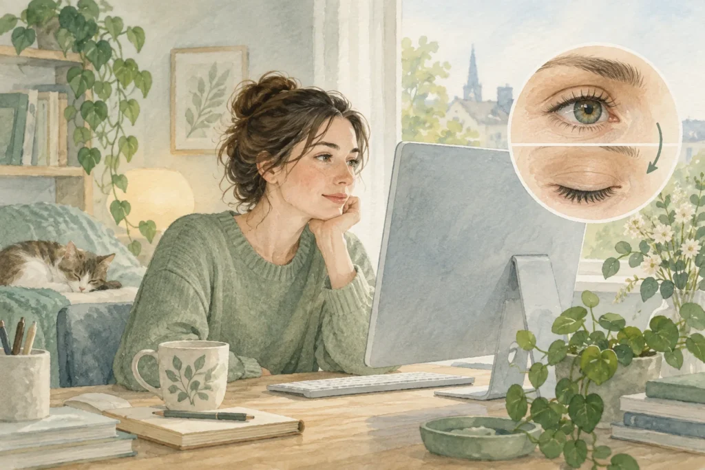 Illustratie van iemand aan een beeldscherm met een detail van een knipperend oog.