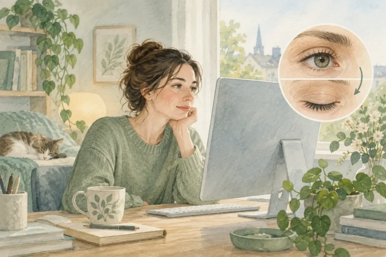 Illustratie van iemand aan een beeldscherm met een detail van een knipperend oog.
