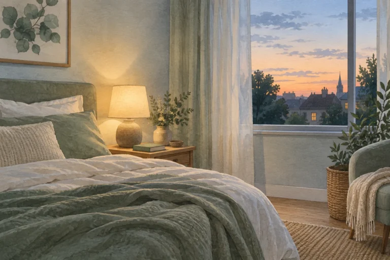 Illustration d’une chambre au crépuscule avec une lampe tamisée.