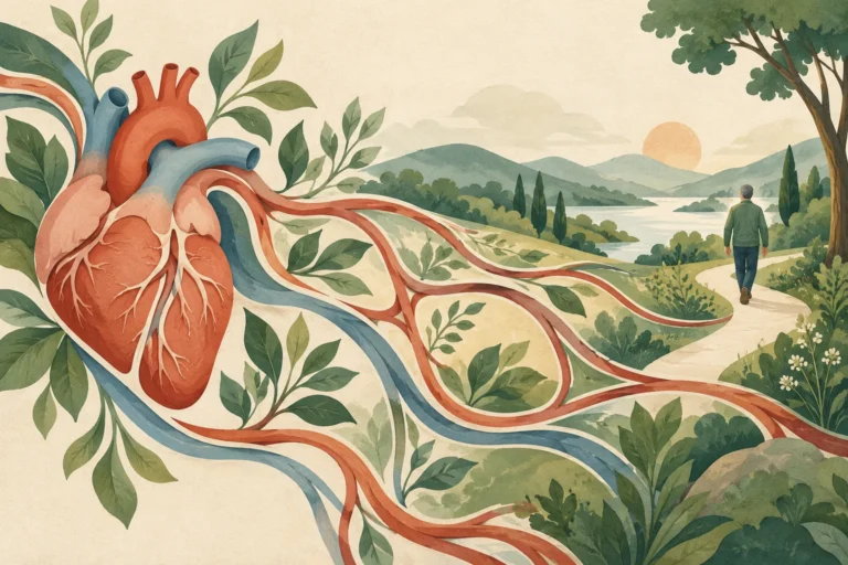 Illustration d’un cœur et de vaisseaux ramifiés près d’un chemin dans un paysage verdoyant.